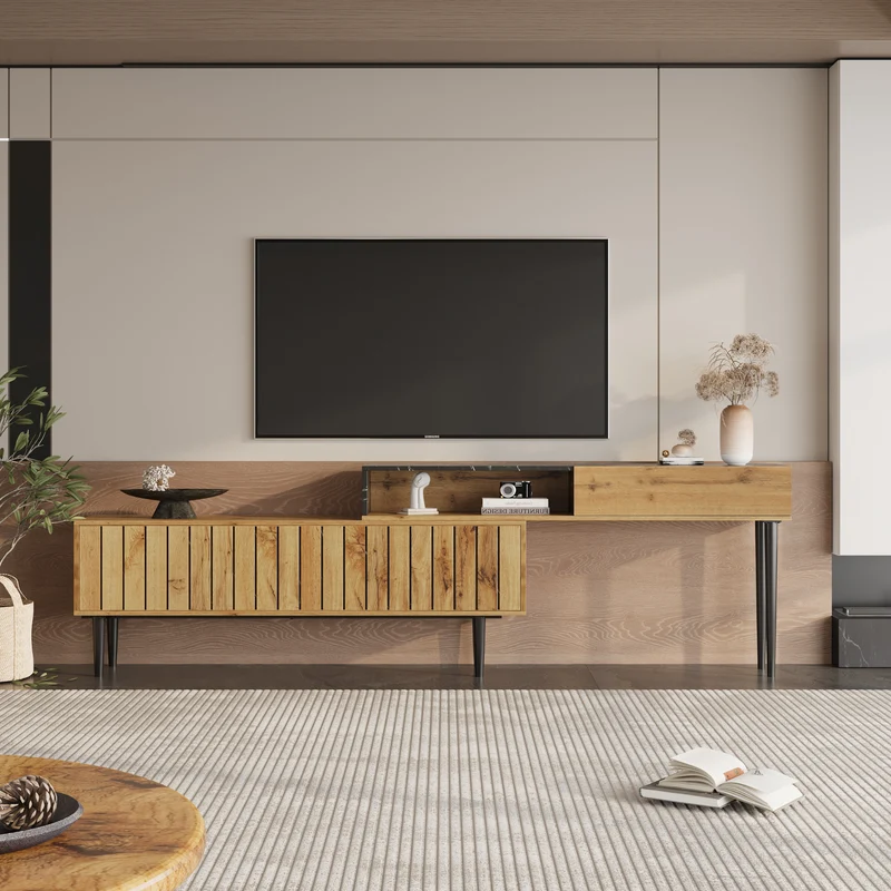 Meuble TV moderne extensible effet marbre noir et bois PVC pieds en acier noir PHOGNAIN