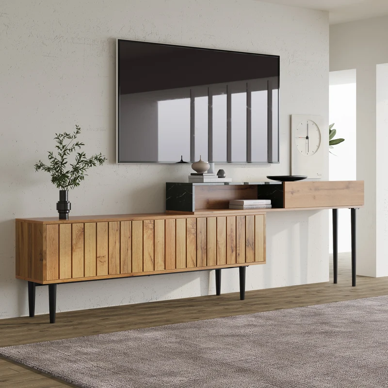 Meuble TV moderne extensible effet marbre noir et bois PVC pieds en acier noir PHOGNAIN