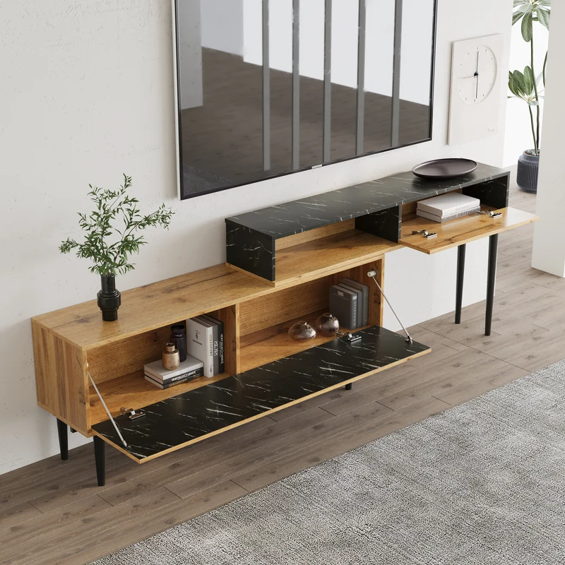 Meuble TV moderne extensible effet marbre noir et bois PVC pieds en acier noir PHOGNAIN