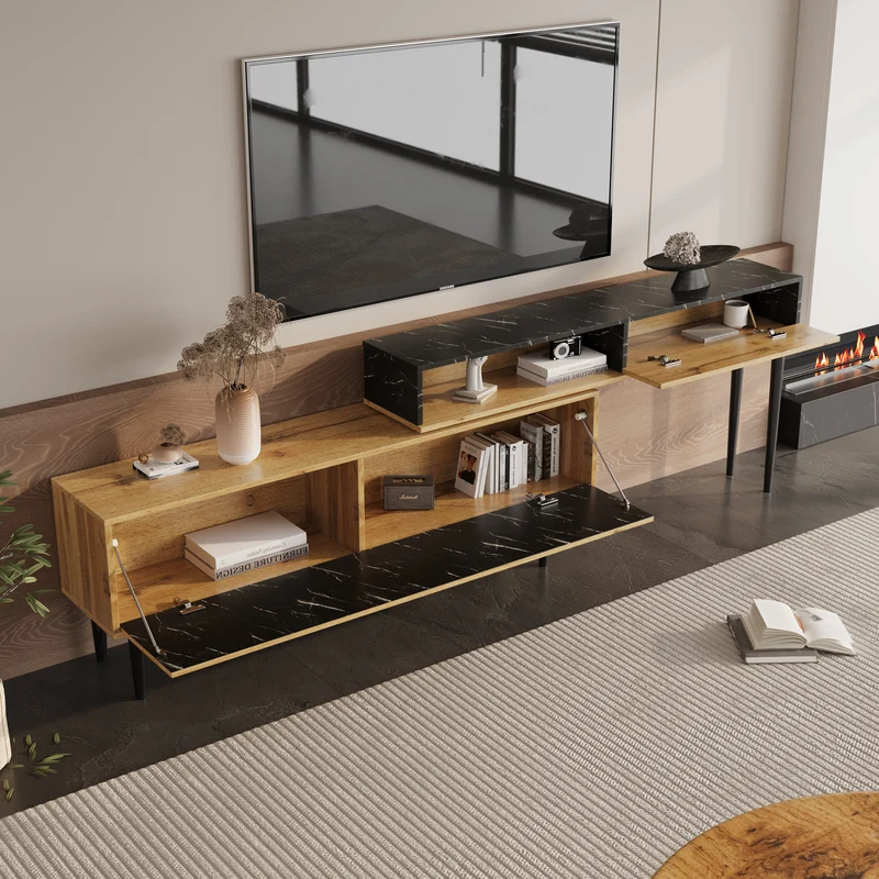 Meuble TV moderne extensible effet marbre noir et bois PVC pieds en acier noir PHOGNAIN