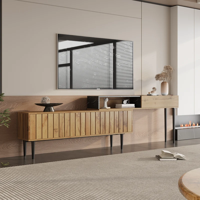Meuble TV moderne extensible effet marbre noir et bois PVC pieds en acier noir PHOGNAIN