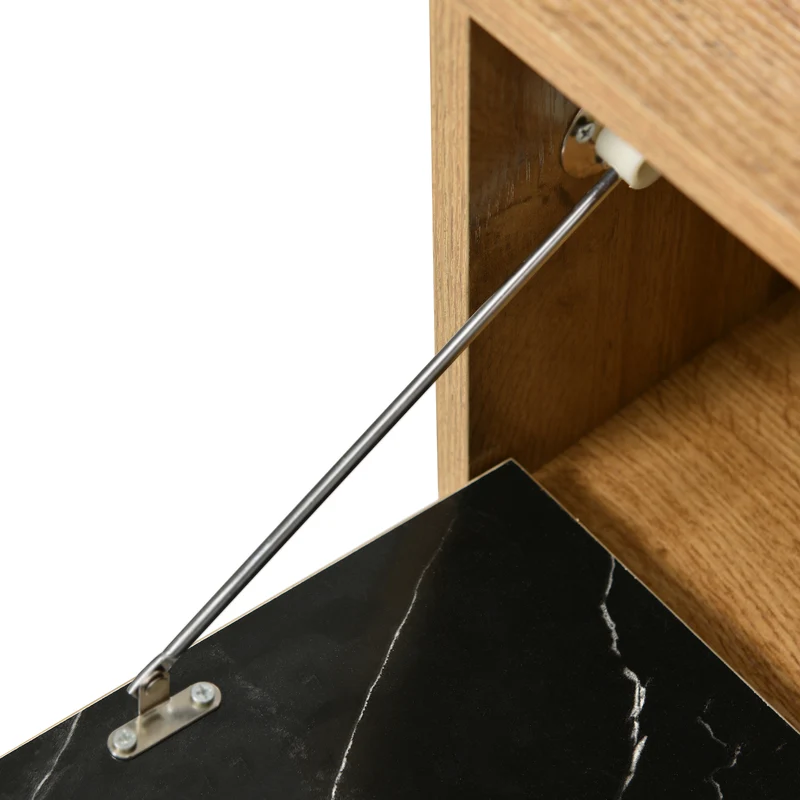 Meuble TV moderne extensible effet marbre noir et bois PVC pieds en acier noir PHOGNAIN