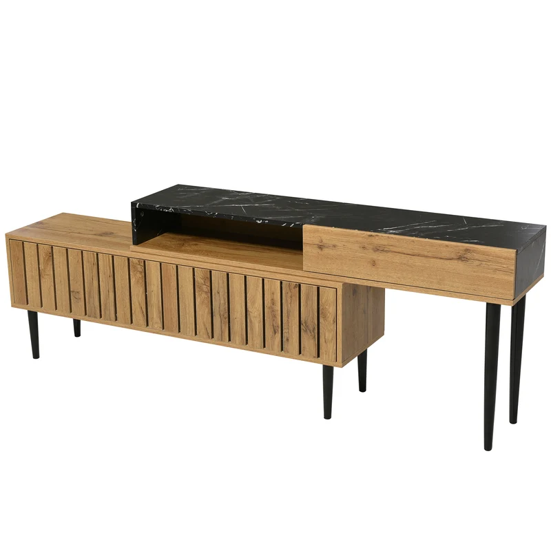 Meuble TV moderne extensible effet marbre noir et bois PVC pieds en acier noir PHOGNAIN