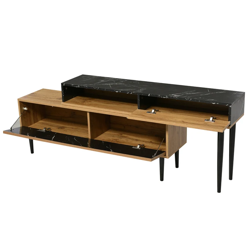 Meuble TV moderne extensible effet marbre noir et bois PVC pieds en acier noir PHOGNAIN