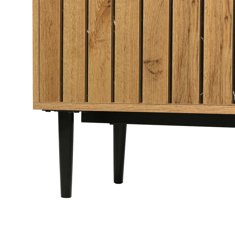 Meuble TV moderne extensible effet marbre noir et bois PVC pieds en acier noir PHOGNAIN