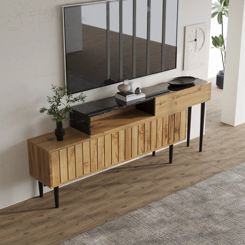Meuble TV moderne extensible effet marbre noir et bois PVC pieds en acier noir PHOGNAIN