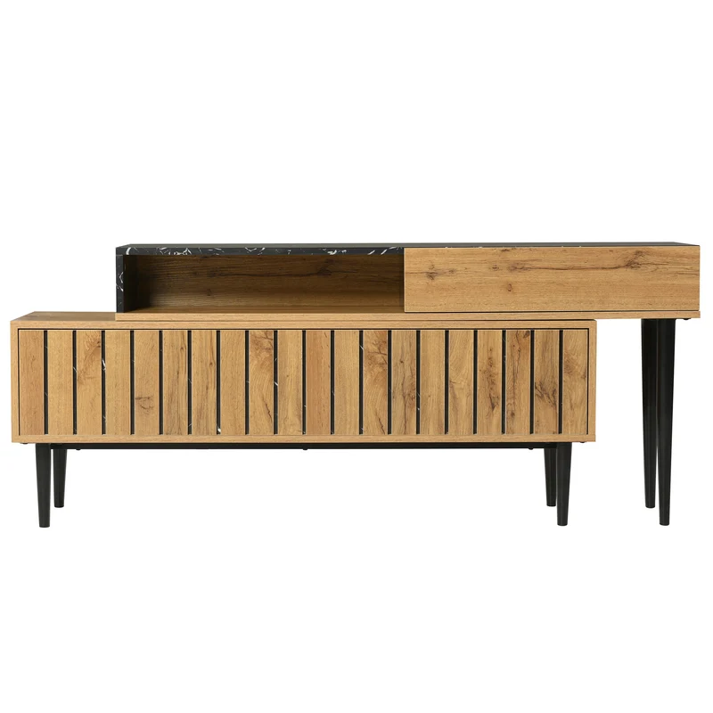 Meuble TV moderne extensible effet marbre noir et bois PVC pieds en acier noir PHOGNAIN