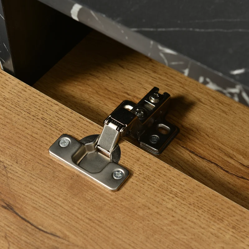 Meuble TV moderne extensible effet marbre noir et bois PVC pieds en acier noir PHOGNAIN
