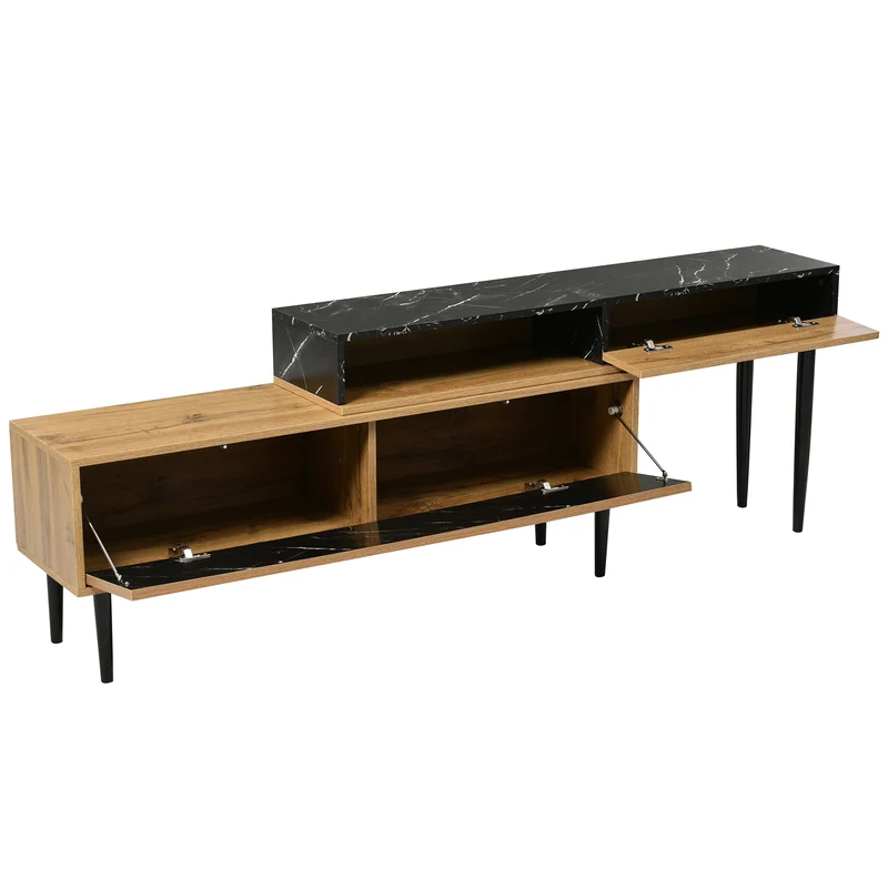 Meuble TV moderne extensible effet marbre noir et bois PVC pieds en acier noir PHOGNAIN