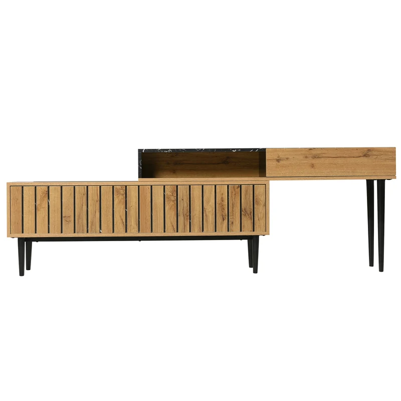 Meuble TV moderne extensible effet marbre noir et bois PVC pieds en acier noir PHOGNAIN