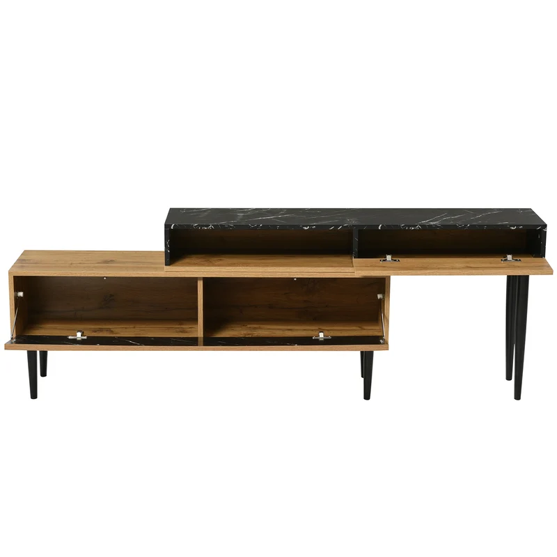 Meuble TV moderne extensible effet marbre noir et bois PVC pieds en acier noir PHOGNAIN