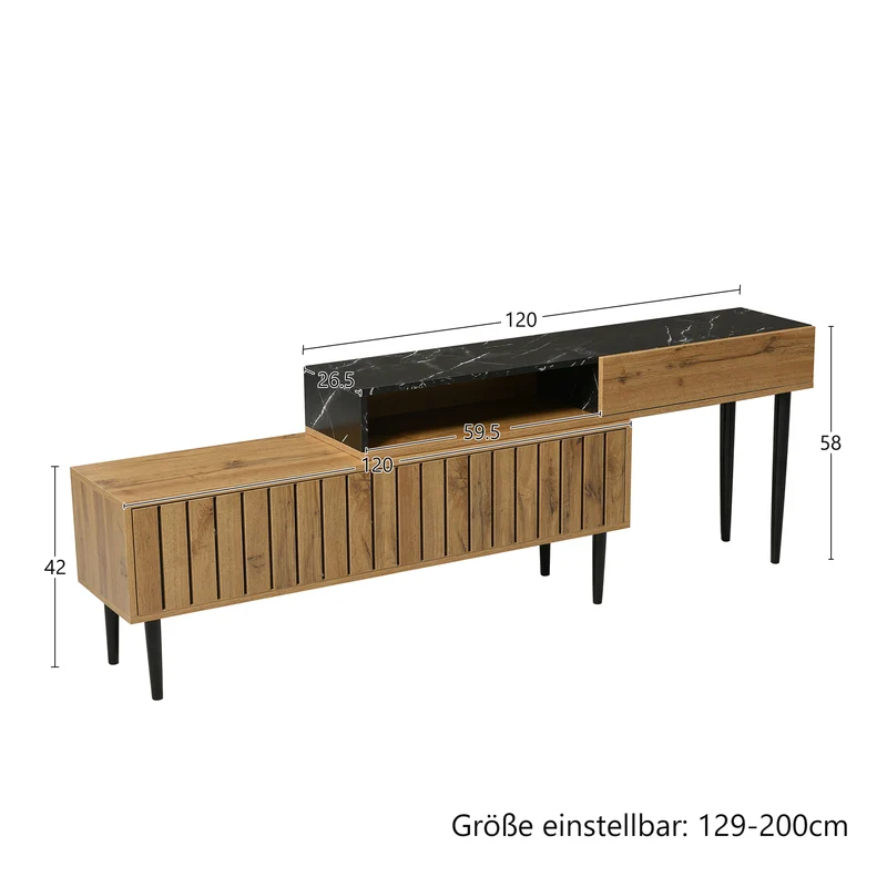 Meuble TV moderne extensible effet marbre noir et bois PVC pieds en acier noir PHOGNAIN