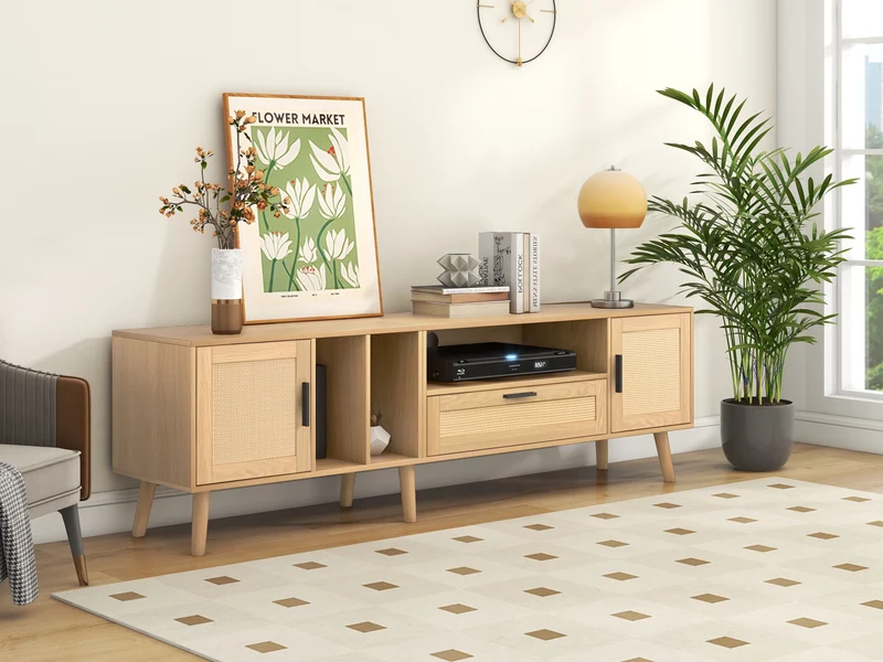 Meuble TV effet bois décoration en rotin 2 portes et un tiroir 180cm BRAVVANS