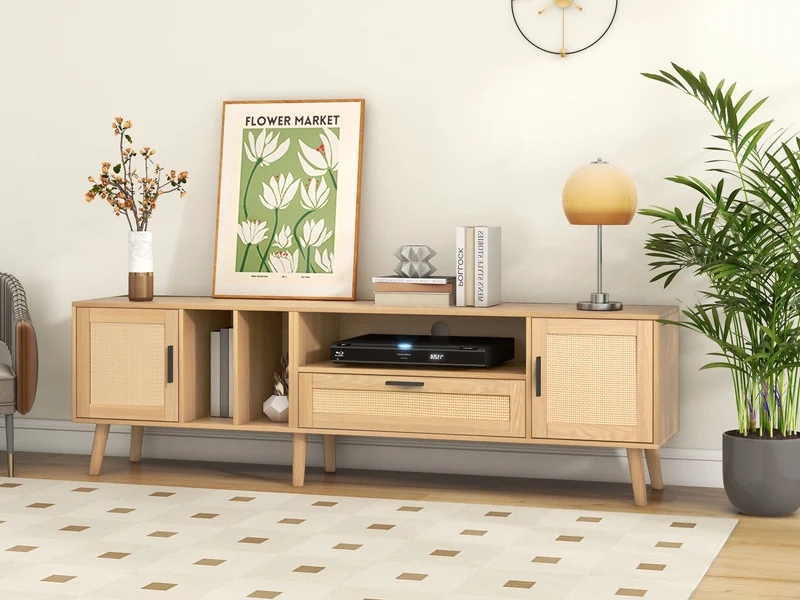 Meuble TV effet bois décoration en rotin 2 portes et un tiroir 180cm BRAVVANS