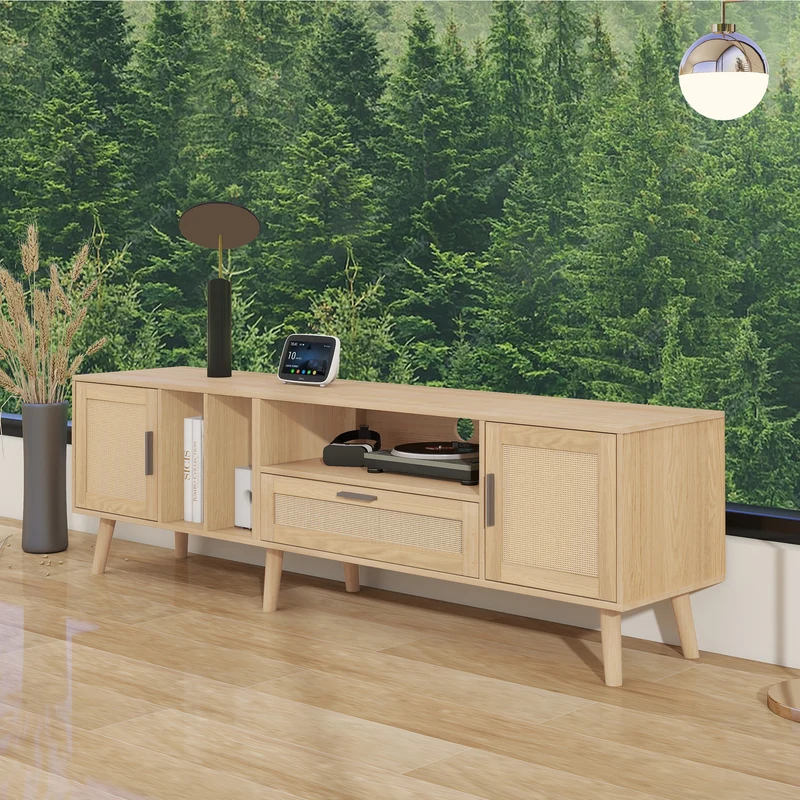 Meuble TV effet bois décoration en rotin 2 portes et un tiroir 180cm BRAVVANS