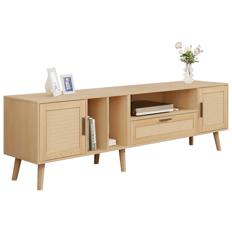 Meuble TV effet bois décoration en rotin 2 portes et un tiroir 180cm BRAVVANS