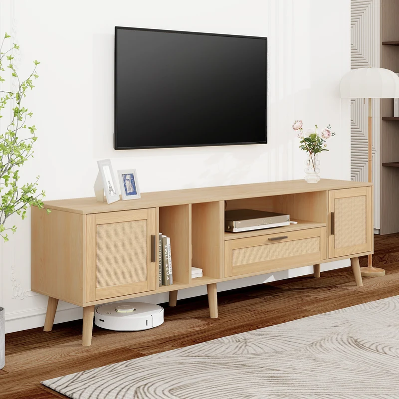 Meuble TV effet bois décoration en rotin 2 portes et un tiroir 180cm BRAVVANS