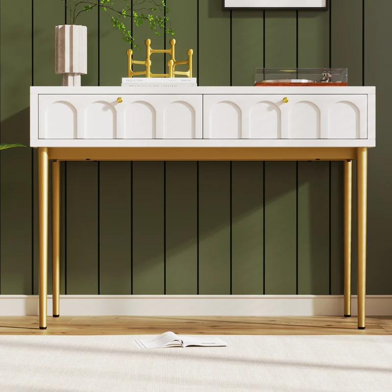 Console Coiffeuse élégante avec 2 tiroirs blanc crème structure et poignée dorée 100x45cm FULZEL