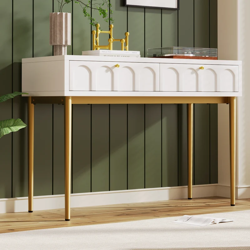 Console Coiffeuse élégante avec 2 tiroirs blanc crème structure et poignée dorée 100x45cm FULZEL