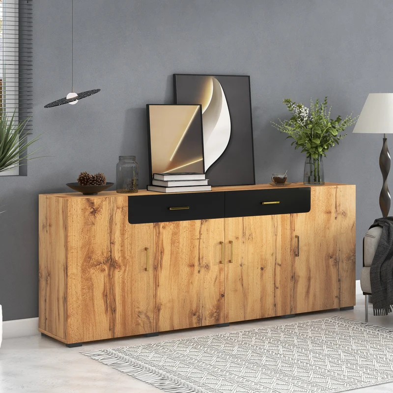 Buffet effet bois et noir 4 portes 2 tiroirs poignées dorés 208x39,5x80cm HERNON