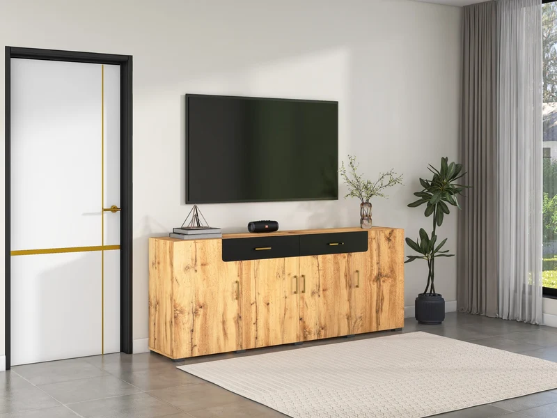 Buffet effet bois et noir 4 portes 2 tiroirs poignées dorés 208x39,5x80cm HERNON