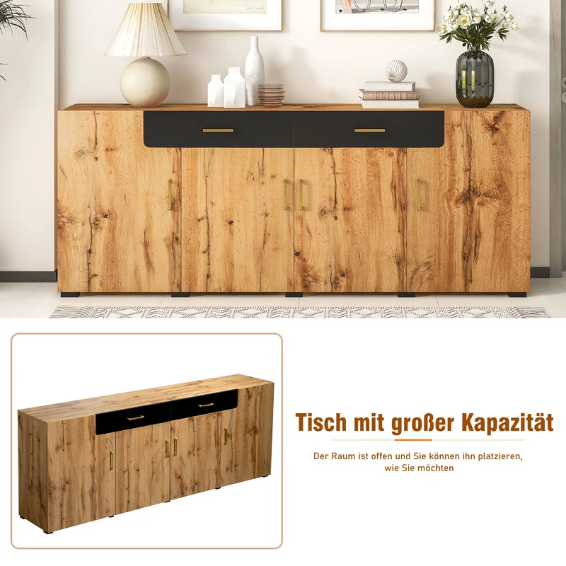 Buffet effet bois et noir 4 portes 2 tiroirs poignées dorés 208x39,5x80cm HERNON