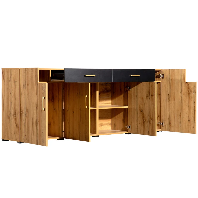 Buffet effet bois et noir 4 portes 2 tiroirs poignées dorés 208x39,5x80cm HERNON