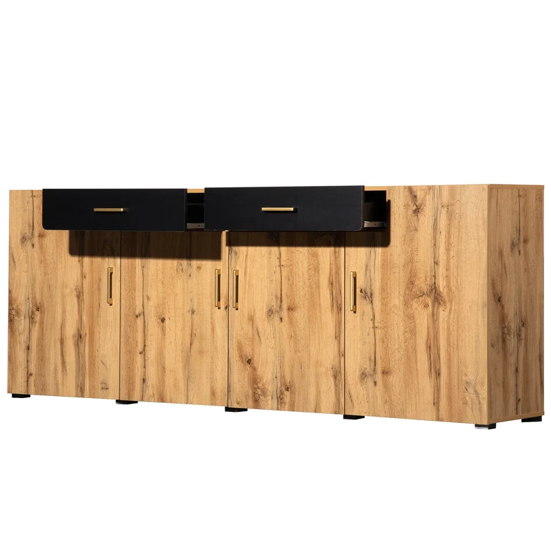 Buffet effet bois et noir 4 portes 2 tiroirs poignées dorés 208x39,5x80cm HERNON