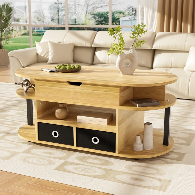 Table basse revelable effet bois rangement et tiroirs en tissu noir 105*50cm PHAHRAIRS