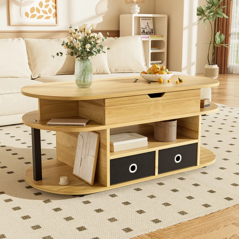 Table basse revelable effet bois rangement et tiroirs en tissu noir 105*50cm PHAHRAIRS