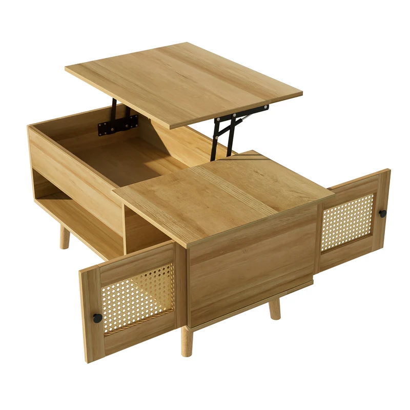 Table basse relevable effet bois 2 portes en rotin 103*50cm DHANNANS
