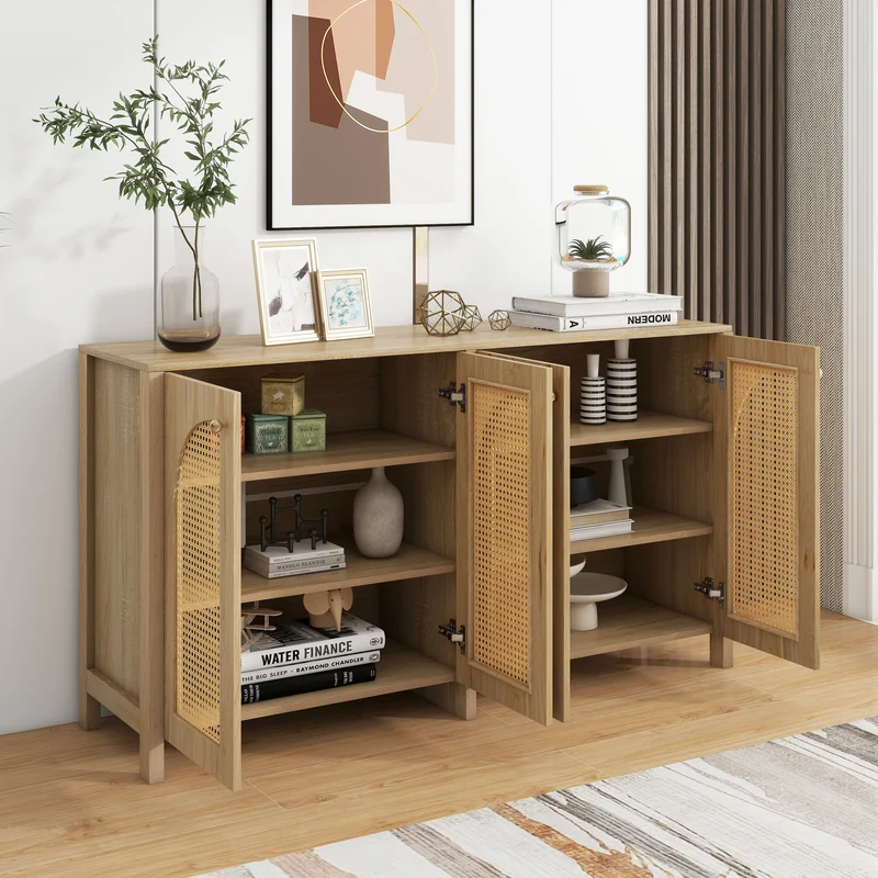Buffet effet bois avec 4 portes en rotin synthétique et poignées métalliques DREQE
