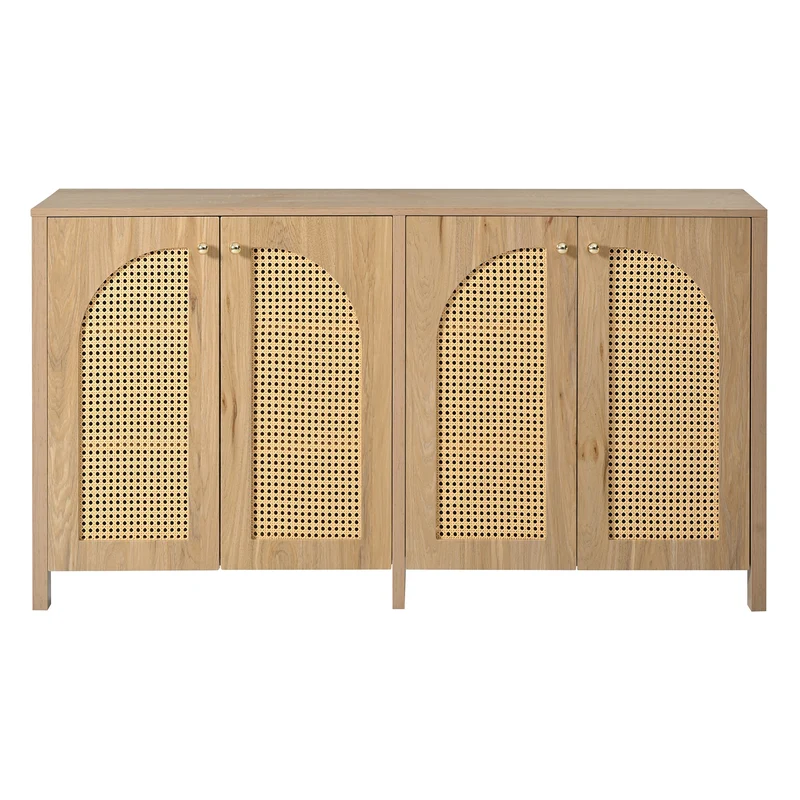Buffet effet bois avec 4 portes en rotin synthétique et poignées métalliques DREQE