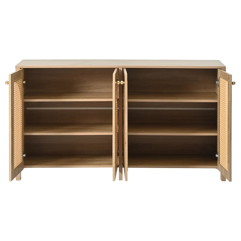 Buffet effet bois avec 4 portes en rotin synthétique et poignées métalliques DREQE