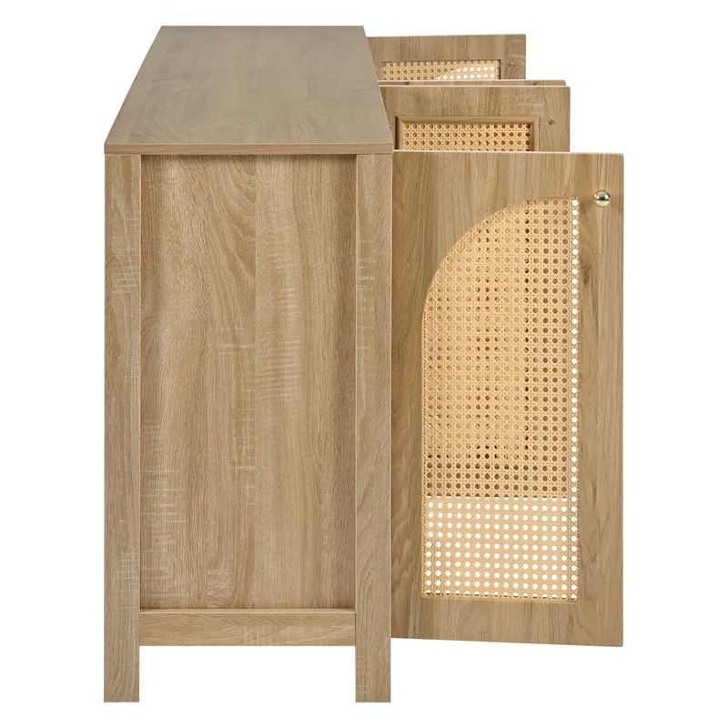 Buffet effet bois avec 4 portes en rotin synthétique et poignées métalliques DREQE