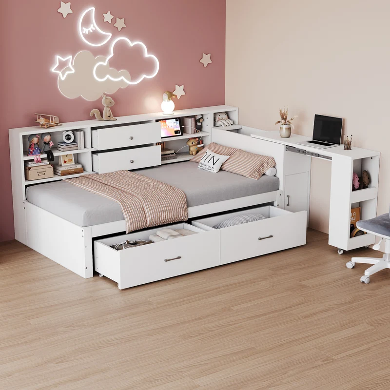 Lit banquette simple blanc avec étagère, bureau rétractable et ports USB/prise (matelas non inclus) COPALDROP