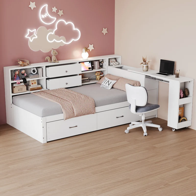 Lit banquette simple blanc avec étagère, bureau rétractable et ports USB/prise (matelas non inclus) COPALDROP