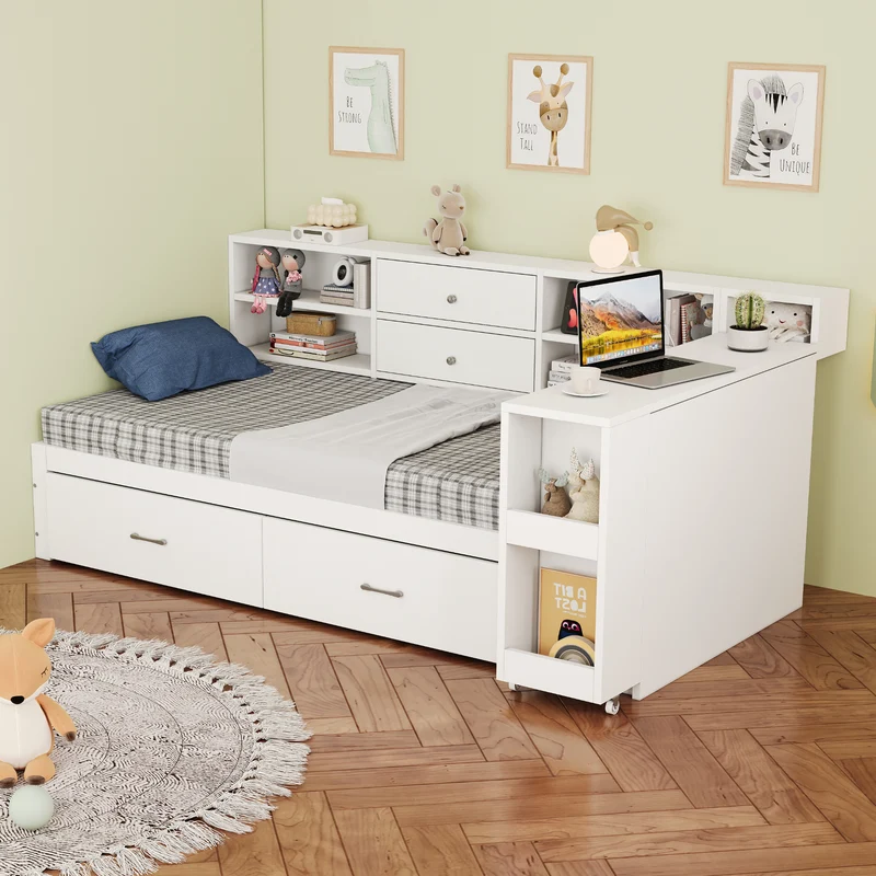 Lit banquette simple blanc avec étagère, bureau rétractable et ports USB/prise (matelas non inclus) COPALDROP