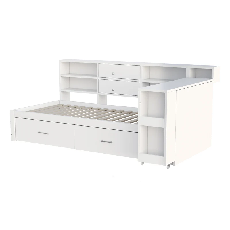 Lit banquette simple blanc avec étagère, bureau rétractable et ports USB/prise (matelas non inclus) COPALDROP
