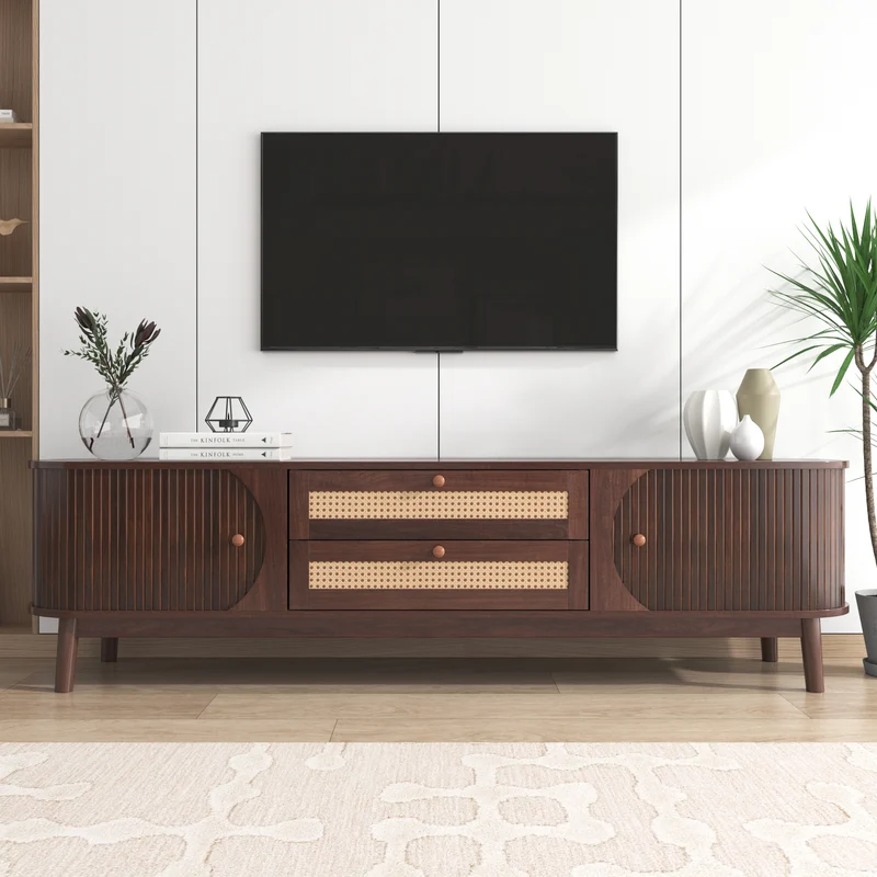 Meuble TV en effect bois noyer et rotin avec portes coulissantes - style rétro TRENCHSOUND