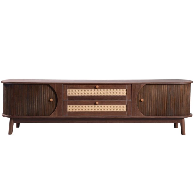 Meuble TV en effect bois noyer et rotin avec portes coulissantes - style rétro TRENCHSOUND