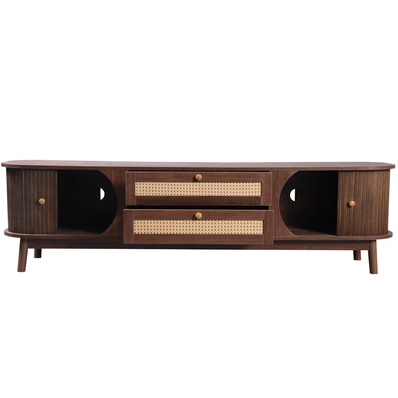 Meuble TV en effect bois noyer et rotin avec portes coulissantes - style rétro TRENCHSOUND