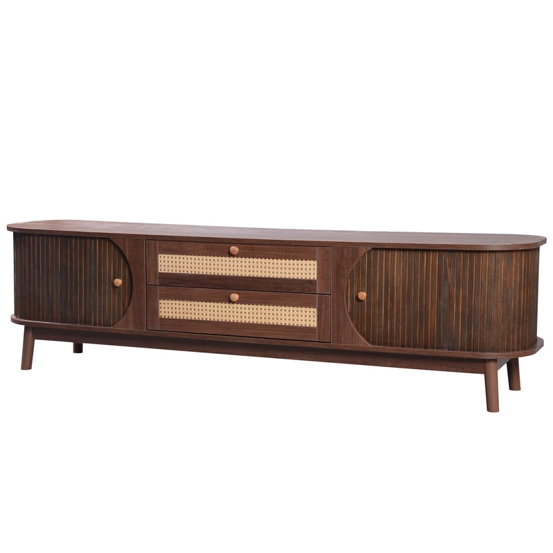 Meuble TV en effect bois noyer et rotin avec portes coulissantes - style rétro TRENCHSOUND