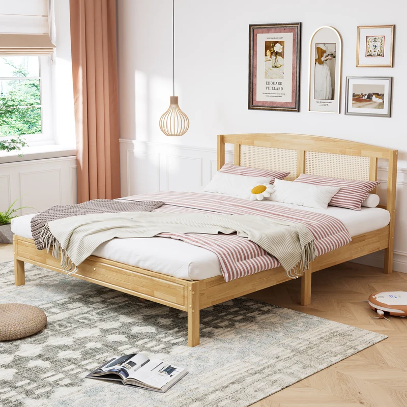 Lit double en rotin effet bois nature 165*205*94 THRUDS