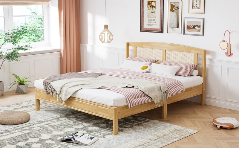 Lit double en rotin effet bois nature 165*205*94 THRUDS