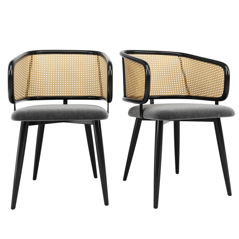 Lot de 2 chaises de salle à manger velours gris et dossier en rotin, pieds en métal noir POLLENBASKET