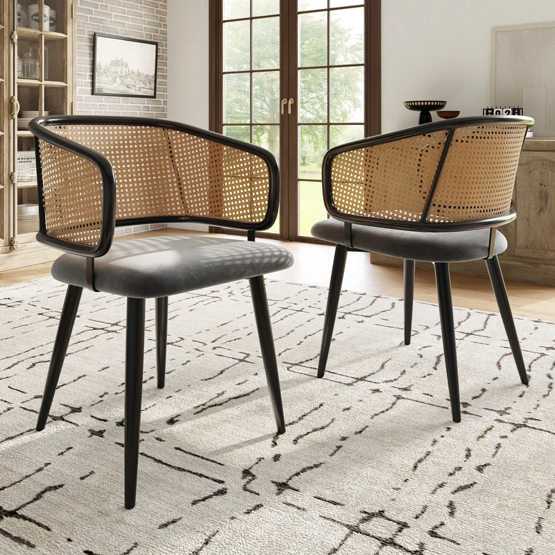 Lot de 2 chaises de salle à manger velours gris et dossier en rotin, pieds en métal noir POLLENBASKET