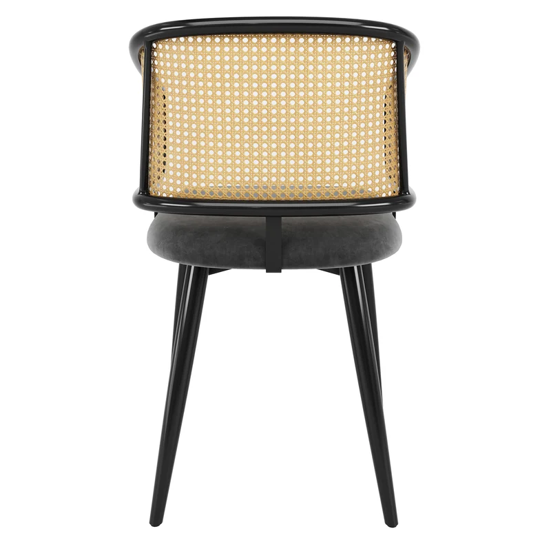 Lot de 2 chaises de salle à manger velours gris et dossier en rotin, pieds en métal noir POLLENBASKET