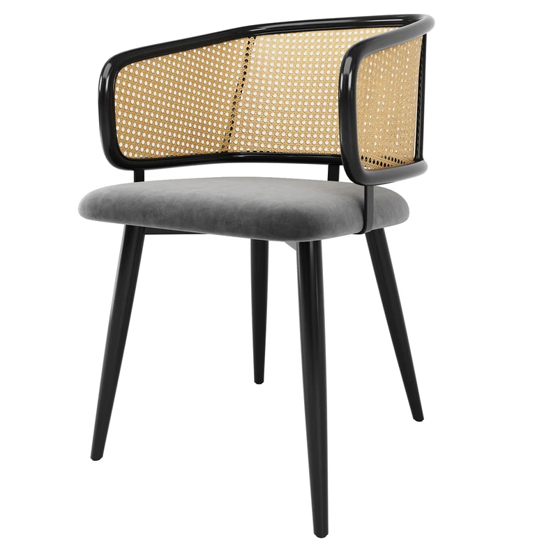 Lot de 2 chaises de salle à manger velours gris et dossier en rotin, pieds en métal noir POLLENBASKET