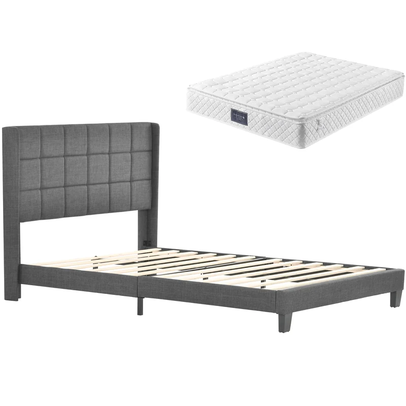 Ensemble lit double rembourré en lin gris 140x200 avec sommier à lattes et matelas à ressorts PERISTOM